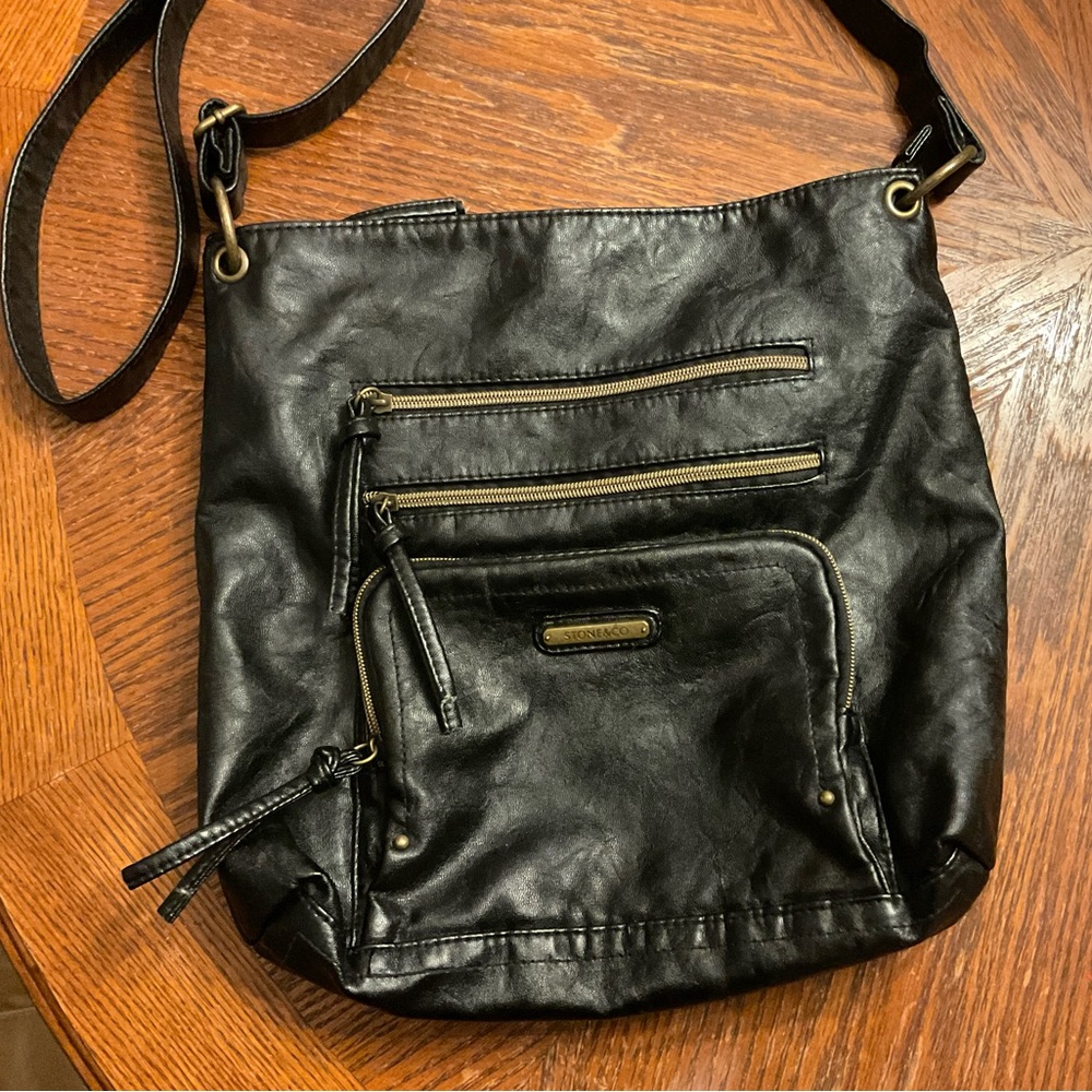 Stone & Company Gold Hardware Durable Leather Look Multi Zipper Crossbody Bag! - Picture 16 of 16